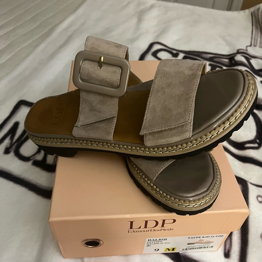L'Amour Des Pieds Taupe Suede Women's Sandals